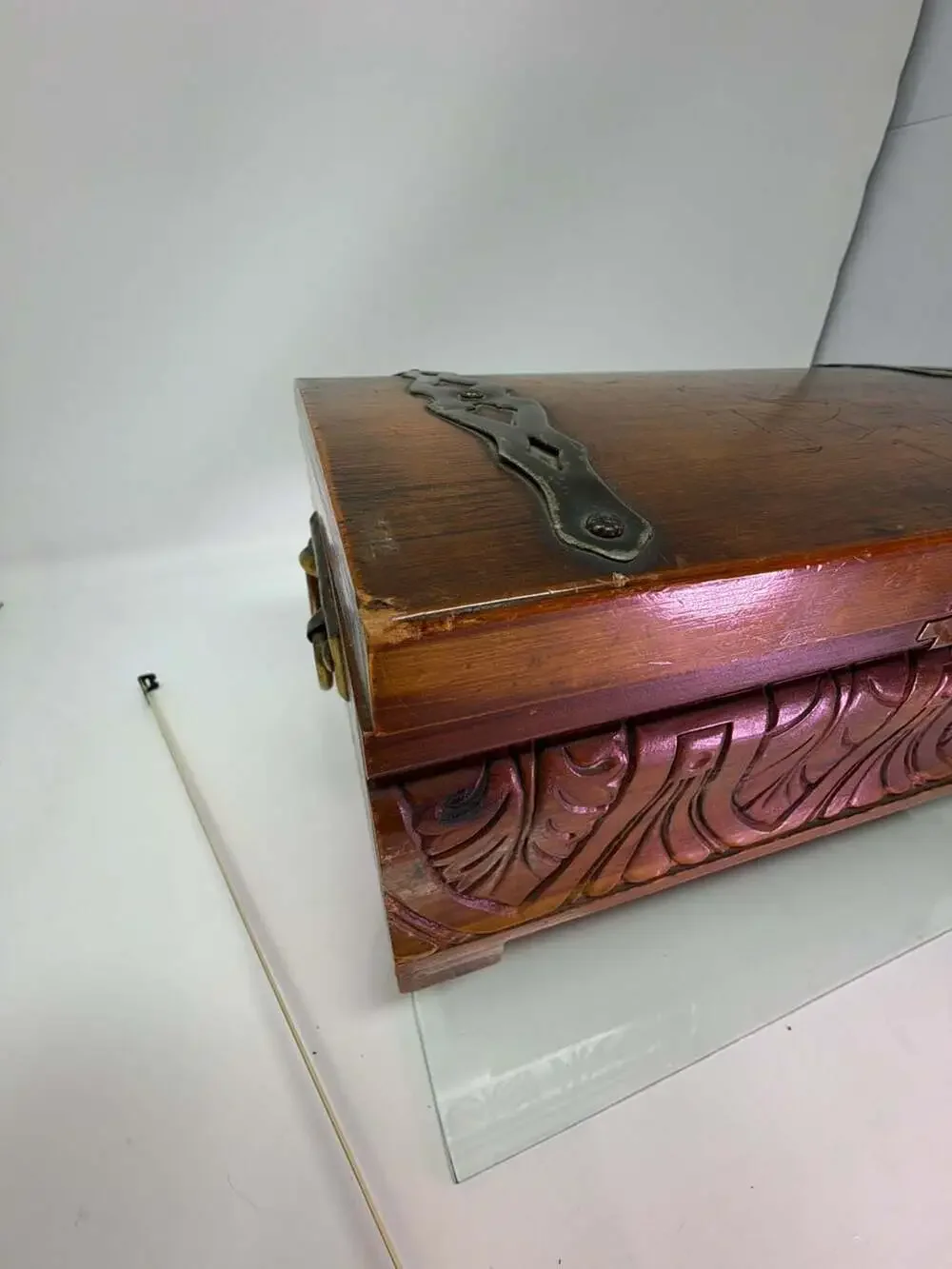 Vintage Hand Carved Wooden Jewelry Box With Metal Straps And Latch